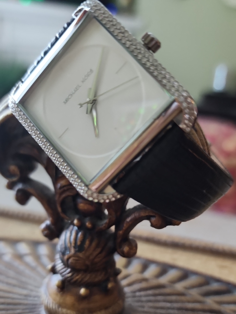 Michael Kors Square Crystal Bezel Watch in Black and White
